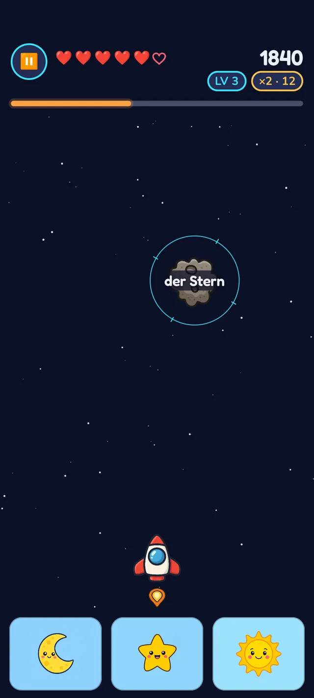 Spielbildschirm mit einer Rakete, die auf einen schwebenden Asteroiden mit der Aufschrift 'Stern' zielt, mit einer herzbasierten Lebensanzeige, Punktestand und Level sowie drei Bildantwortmöglichkeiten — Mond, Stern und Sonne — am unteren Rand.