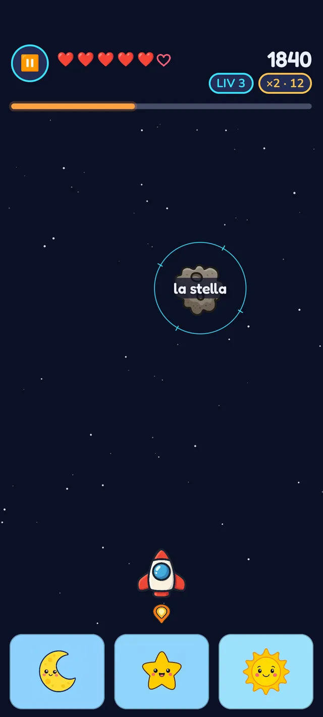 Schermata di gioco con un razzo che mira a un asteroide fluttuante etichettato 'stella', con un indicatore di vite a forma di cuore, il punteggio e il livello, e tre opzioni immagine come risposta — luna, stella e sole — in basso.