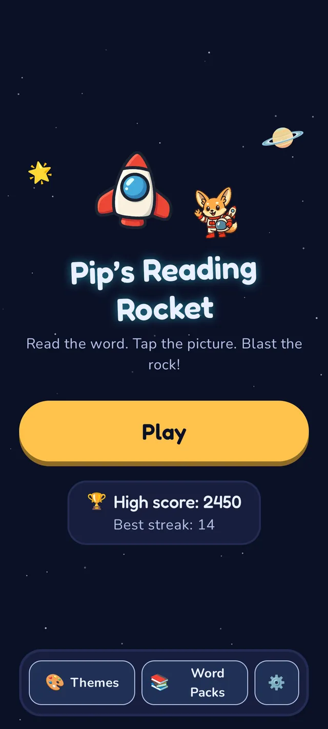Home screen with the Pip's Reading Rocket logo, Pip the fennec fox astronaut waving beside a rocket ship, the tagline 'Read the word. Tap the picture. Blast the rock!', a yellow Play button, and a high score of 2450.