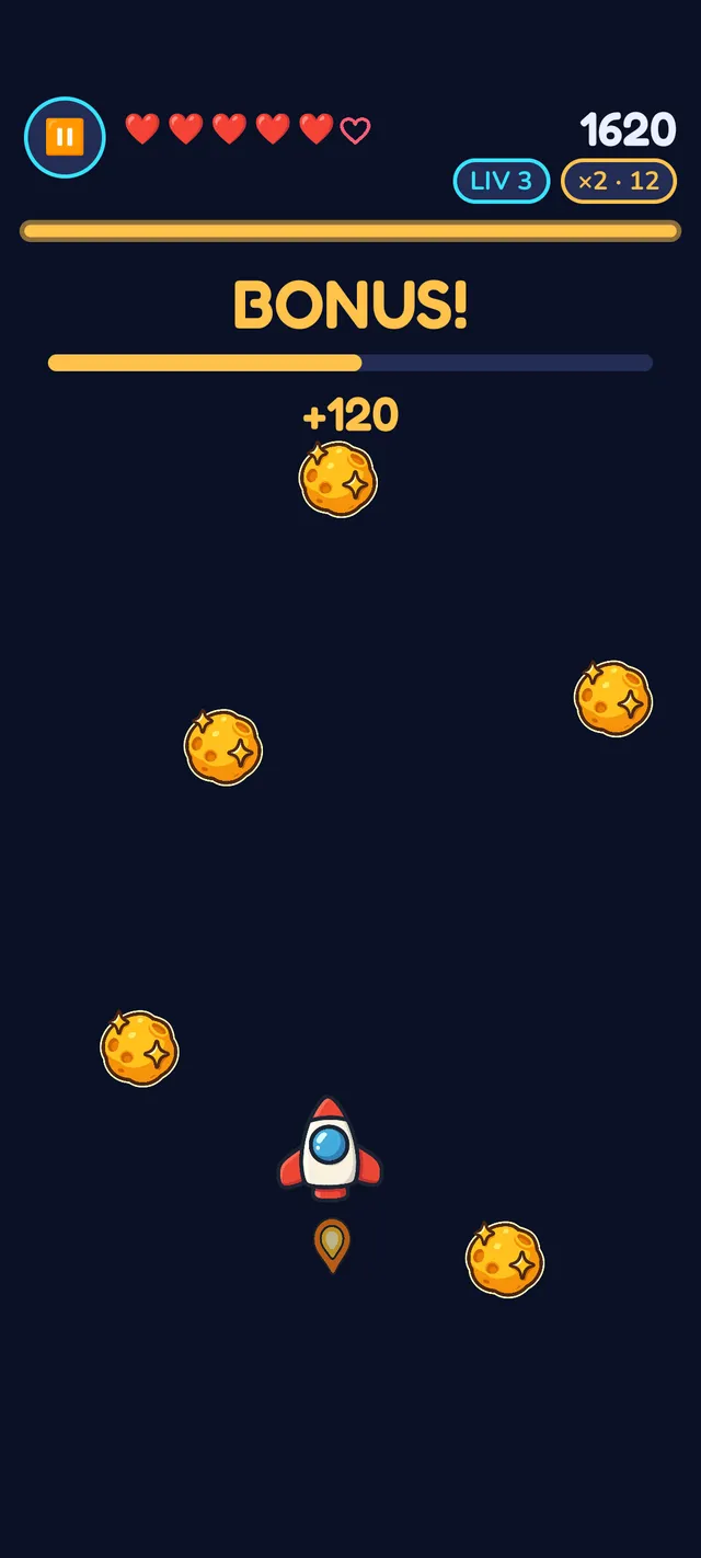 Round bonus di gioco con uno striscione luminoso 'BONUS!', un popup di +120 punti e sfere dorate bonus scintillanti intorno al razzo.