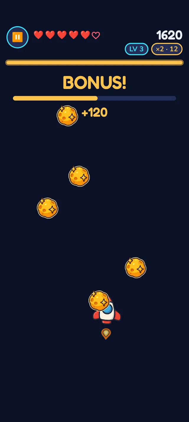 Bonusrunde im Spiel mit einem leuchtenden 'BONUS!'-Banner, einem Plus-120-Punkte-Popup und funkelnden goldenen Bonuskugeln rund um die Rakete.
