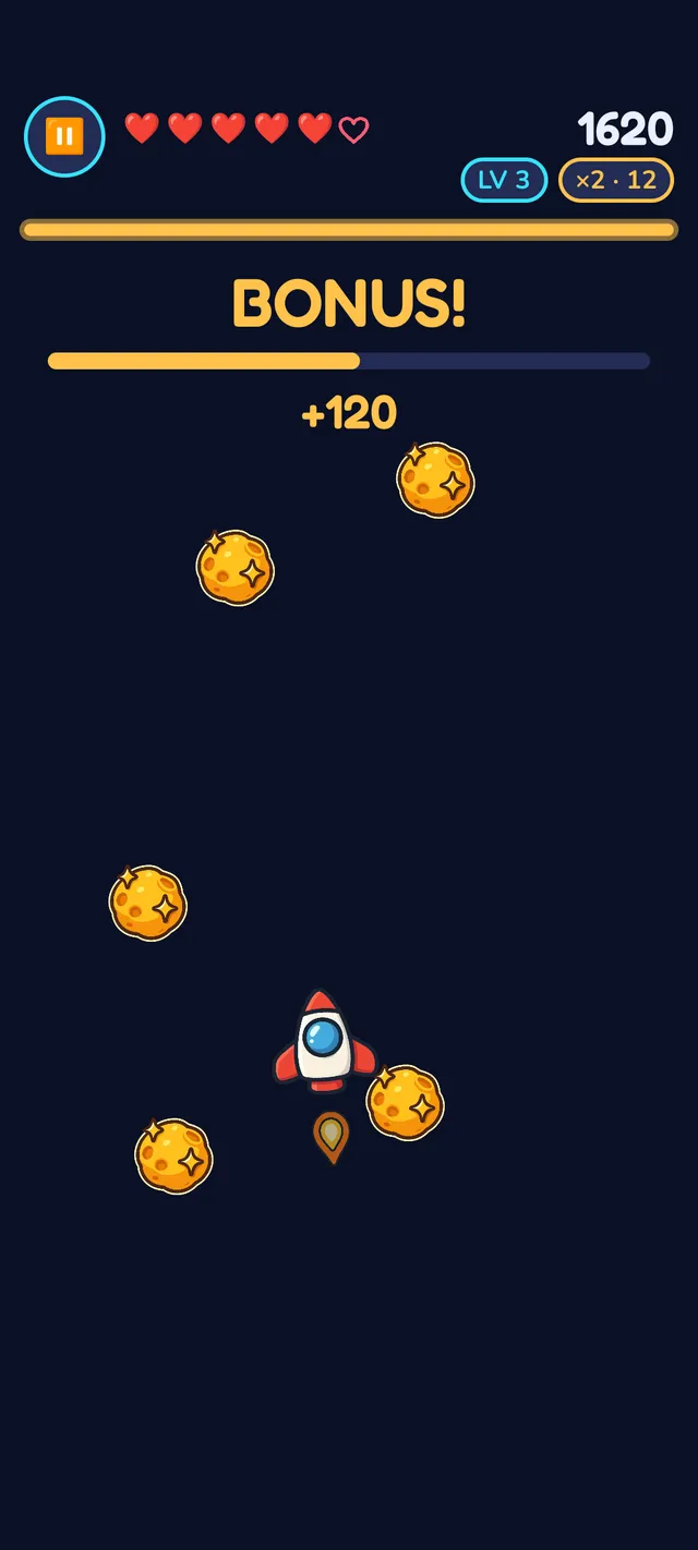 Gameplay bonus round showing a glowing 'BONUS!' banner, a plus-120 score popup, and sparkling golden bonus orbs surrounding the rocket ship.
