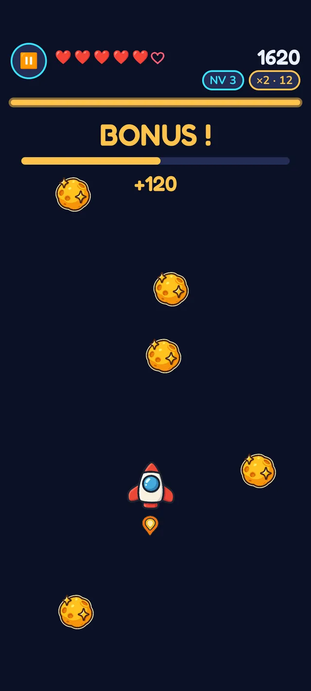 Manche bonus du jeu montrant une bannière lumineuse « BONUS ! », un score de +120 qui apparaît, et des orbes bonus dorés scintillants autour de la fusée.