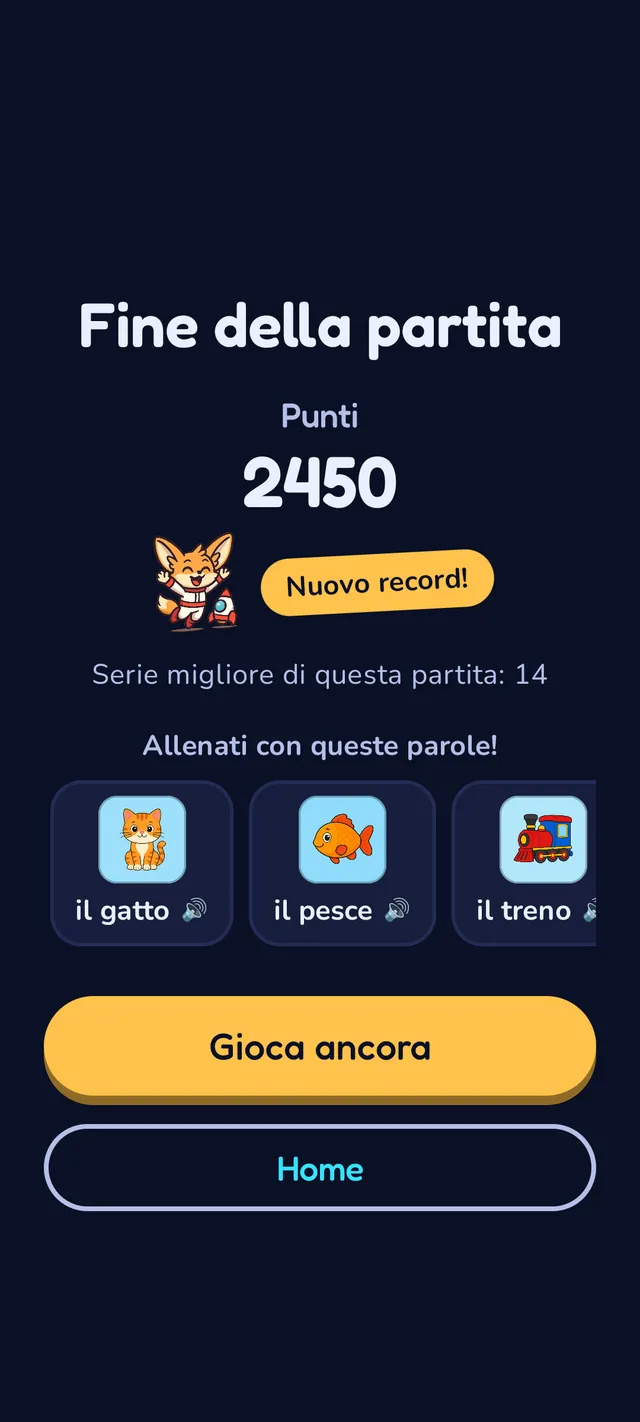 Schermata di fine partita con un punteggio di 2450, Pip la volpina fennec che festeggia accanto a un distintivo 'Nuovo record!', e tre carte di ripasso delle parole per gatto, pesce e treno con icone altoparlante per riascoltarne la pronuncia.