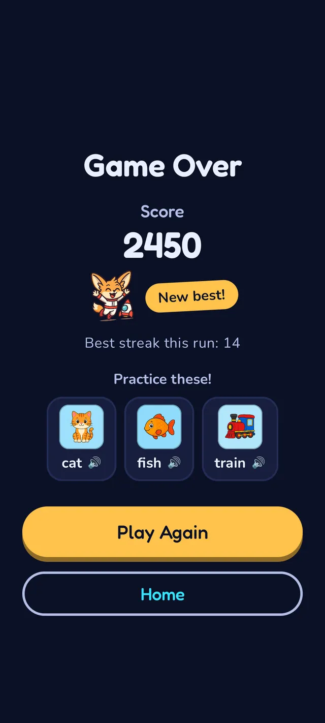 Game over screen showing a score of 2450, Pip the fennec fox celebrating next to a 'New best!' badge, and three word-review cards for cat, fish, and train with speaker icons to replay their pronunciation.