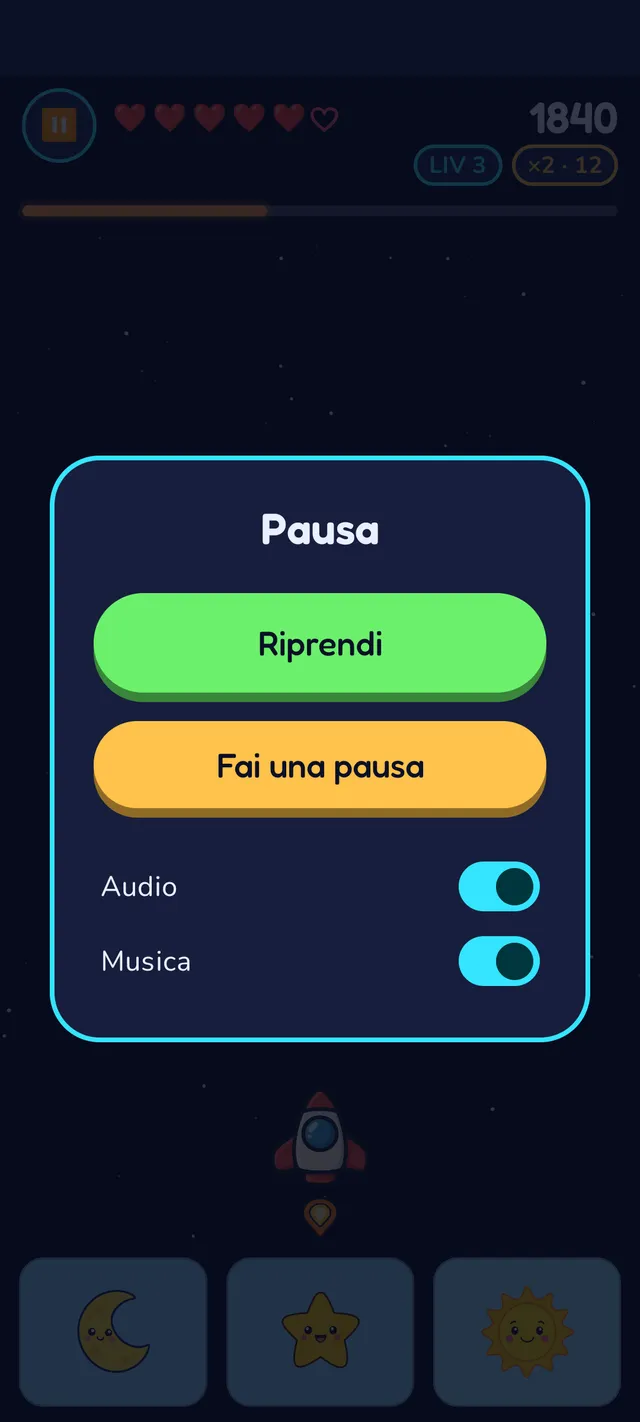 Schermata di pausa con i pulsanti Riprendi e Fai una pausa, oltre agli interruttori Audio e Musica, mostrata sopra la scena di gioco del razzo attenuata.
