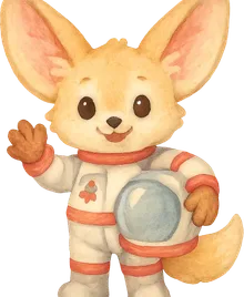 Pip the fennec fox astronaut rendered in the Soft storybook art style